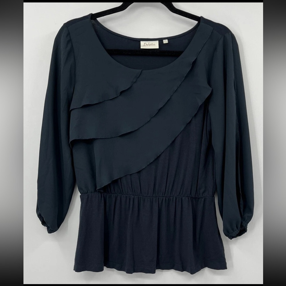 Anthropologie‎ Deletta Alee Ruffle Peplum Split Sleeve Navy Blouse Top Small